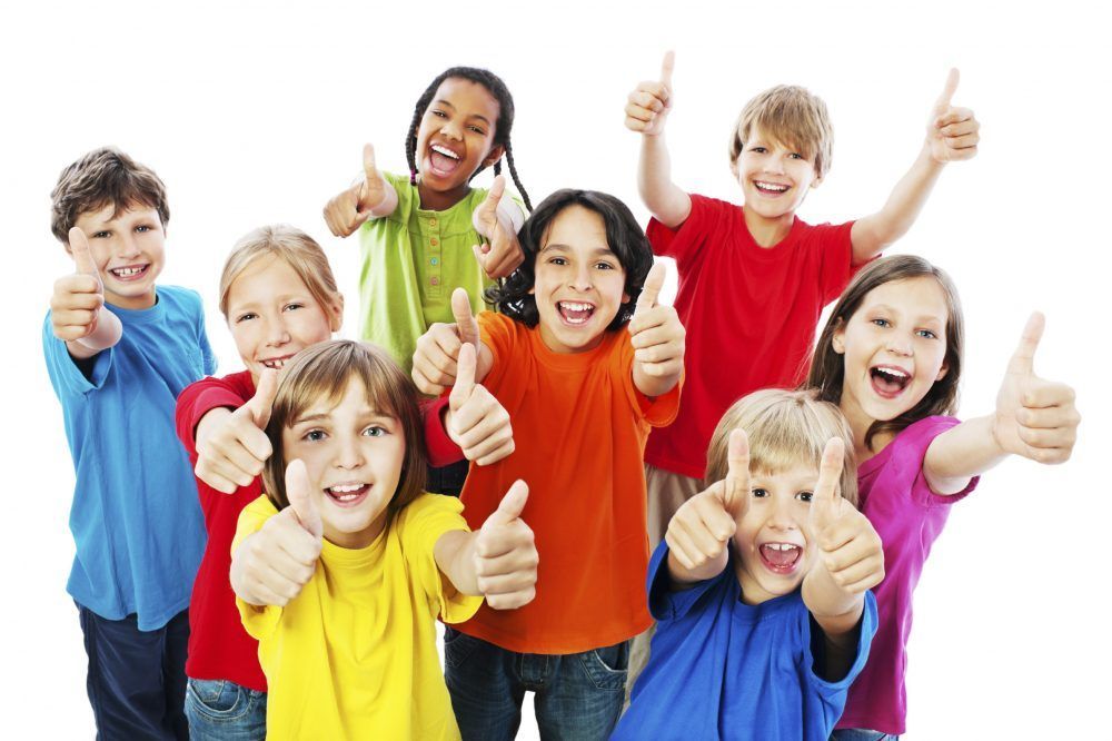 kids with thumbs up homework finished